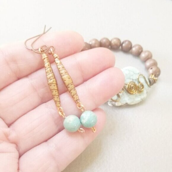 Gift Set: Beaded Bracelet & Earrings ~ Copper & Turquoise Howlite - Southwestern - Picture 7 of 13